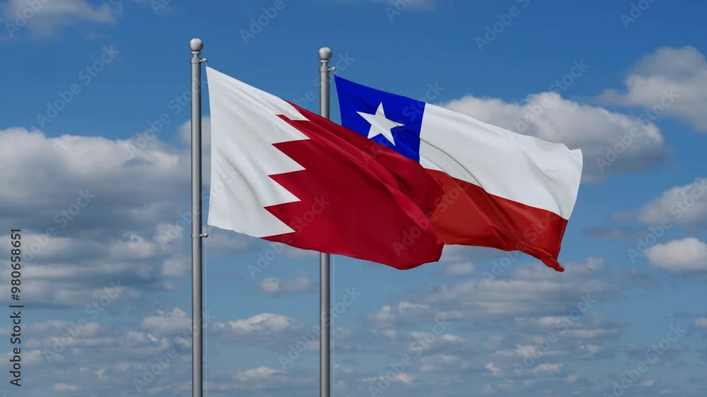 Chile and Bahrain flags flying together, video concept of the relationship, two country relations concept Chile and Bahrain flags flying together, video concept of the relationship, two country relations concept