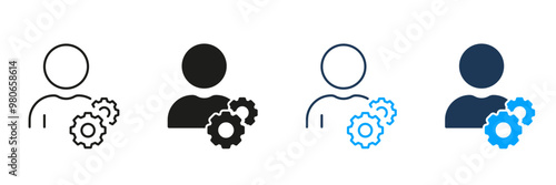 Person with Gear Line and Silhouette Icon Set. Project Management Concept. Workforce Icon. Leader Works. Social Human with Cog Wheel. Teamwork Symbol. Editable Stroke. Isolated Vector Illustration