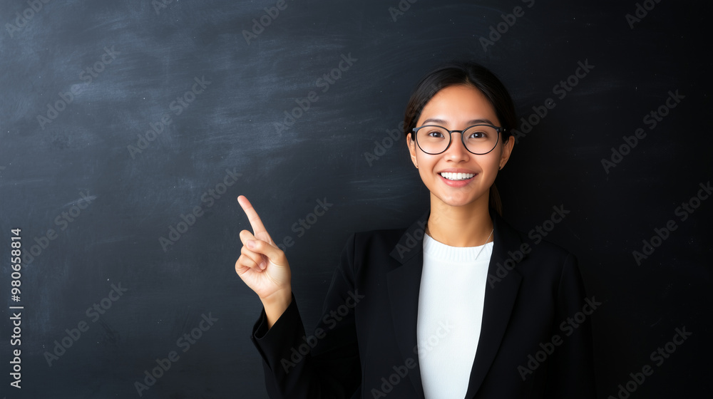 Smiling woman teacher pointing at chalkboard Smiling woman teacher pointing at chalkboard