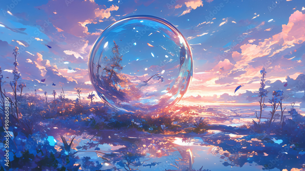 A dreamy glass ball with the sky and clouds reflected inside, surrounded by flowers, plants and water A dreamy glass ball with the sky and clouds reflected inside, surrounded by flowers, plants and water
