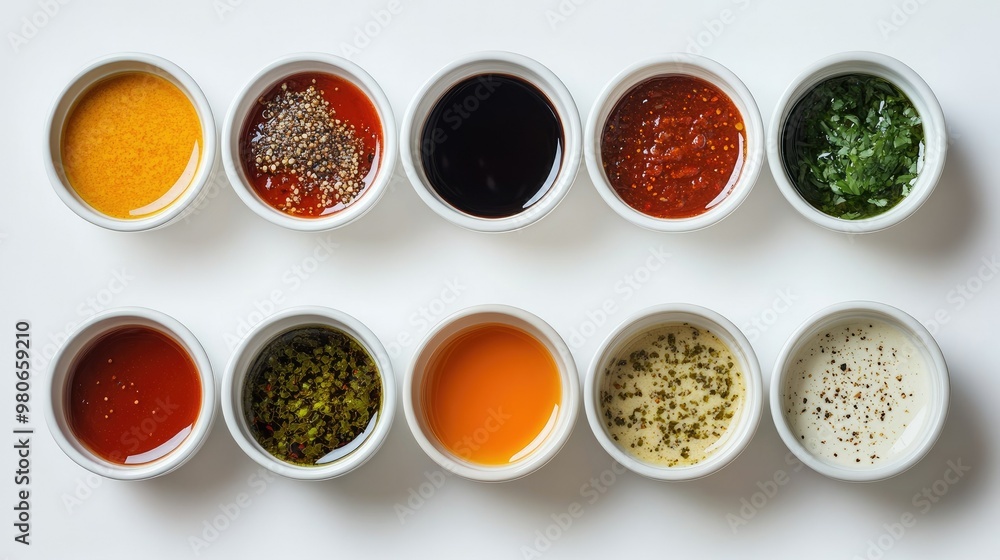 Aerial shot of different sauces in bowls, showcasing a variety of flavors against a white background. Aerial shot of different sauces in bowls, showcasing a variety of flavors against a white background.