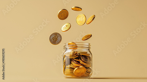 Multiple gold coins falling into a glass jar, isolated on a simple background photo