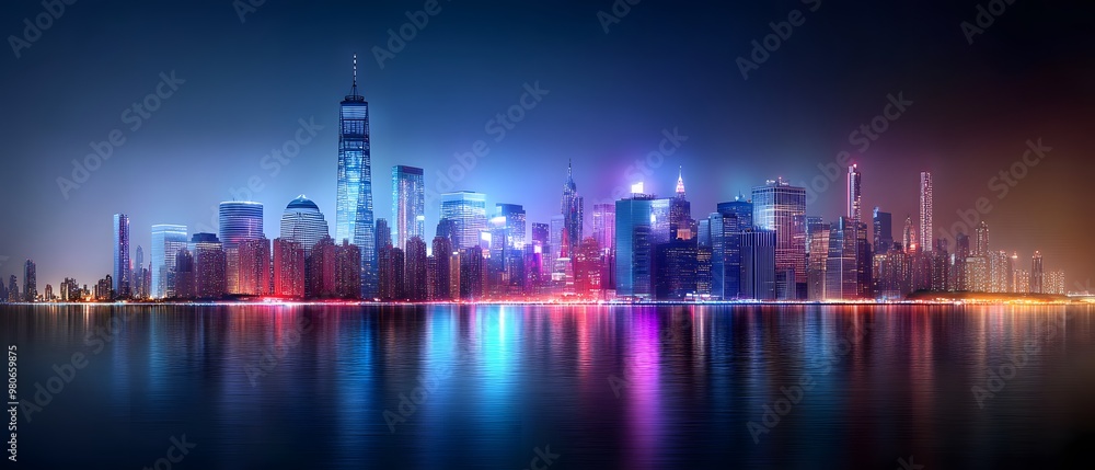 A stunning city skyline at night, featuring vibrant lights reflecting on water. Perfect for urban scenes and nightlife themes. A stunning city skyline at night, featuring vibrant lights reflecting on water. Perfect for urban scenes and nightlife themes.