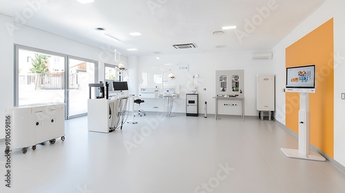 A panoramic view of a modern dental clinic, with sleek equipment, bright colors, and a welcoming atmosphere, creating a sense of comfort and confidence for patients. , Product photography with high