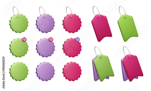 Set of different 3D discount price tags. Colorful blank gift tag, special promo offer label, price tag 3D vector render. Online shopping banner, commercial retail design element, sticker notification.