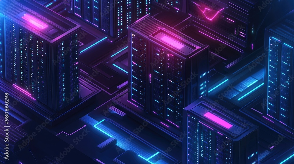 An isometric 3D server room with neon lights and servers processing data, symbolizing the concept of big data technology. An isometric 3D server room with neon lights and servers processing data, symbolizing the concept of big data technology.