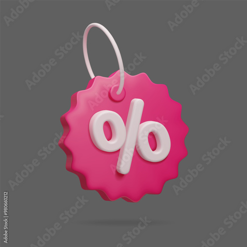 3D discount percent price tag. Sale promotion special offer pin.Pink round tag with white percent sign 3D vector decor element. Summer sale, online shopping, promo voucher coupon sign 3D vector icon.