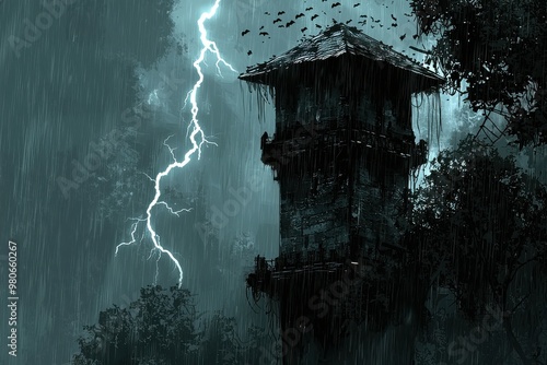 Stormy night with lightning striking near an old abandoned house or barn