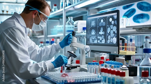 A scientist carefully pipetting samples into a multi-well plate in a modern laboratory setting, with a computer screen in the background displaying an image of cells under a microscope