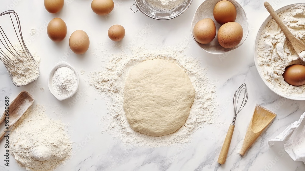 Baking preparation scene with dough, flour, eggs, and other essentials, shot from above on a white background. Baking preparation scene with dough, flour, eggs, and other essentials, shot from above on a white background.
