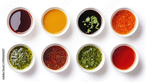 Assorted bowls of sauces with varying colors and textures, viewed from above on a white background for a food styling concept.