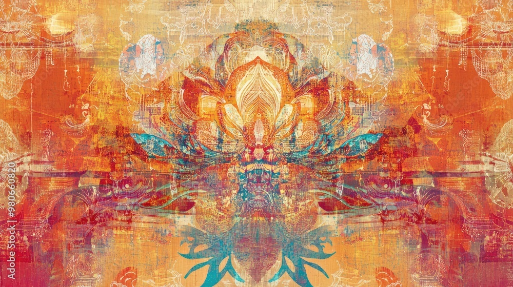 Fototapeta premium Indian art patterns emerging from digital pixels, with room for messaging on technology beliefs.