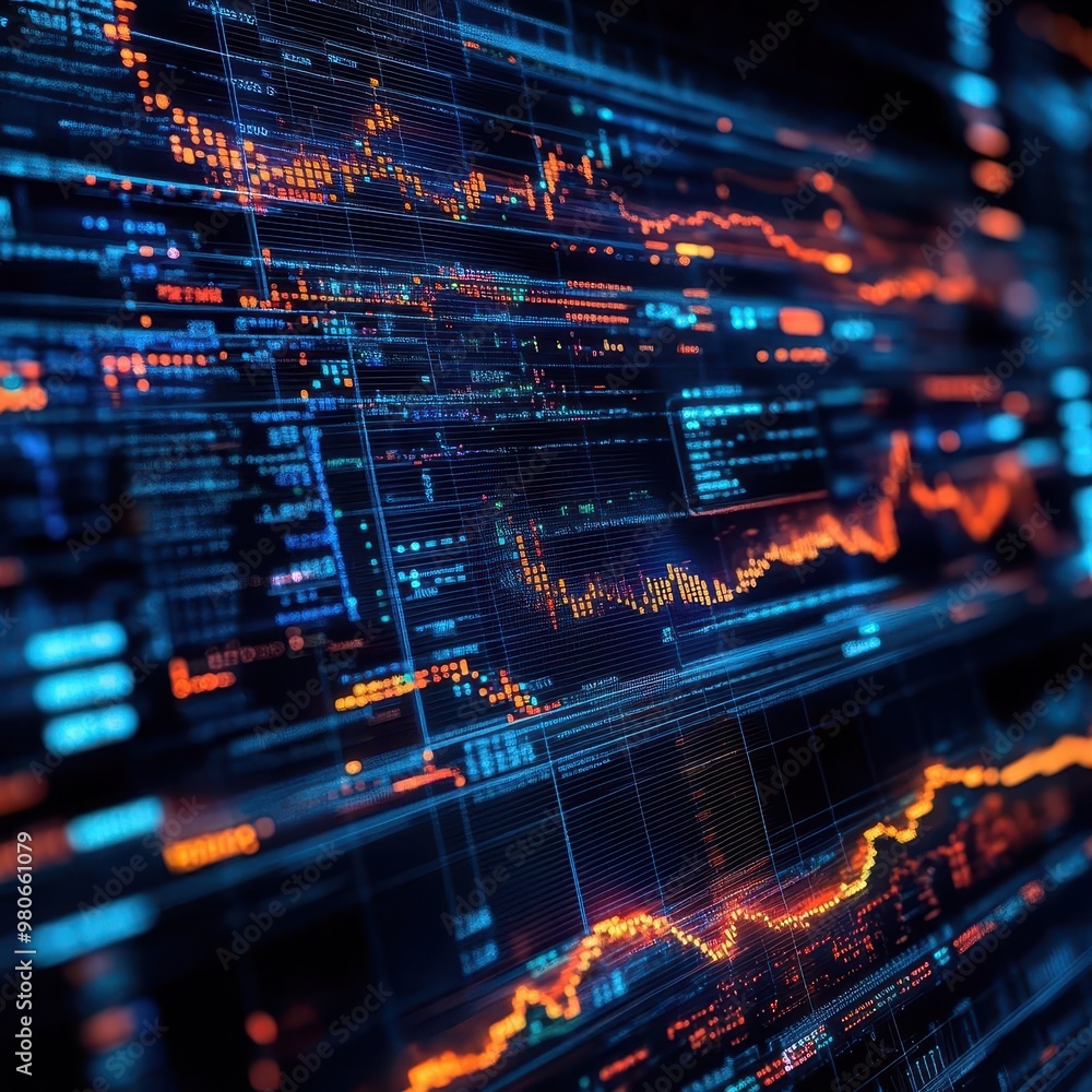 Obraz premium High-tech trading algorithm visualized as complex lines of code generating volatile stock prices on a digital interface, [algorithm trading], [AI-driven market]
