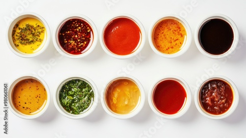 Bowls filled with multiple types of sauces viewed from the top, spread out on a clean white background.