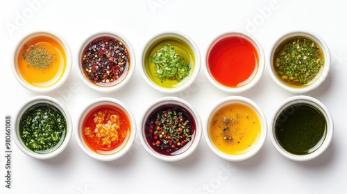 Bowls filled with multiple types of sauces viewed from the top, spread out on a clean white background.