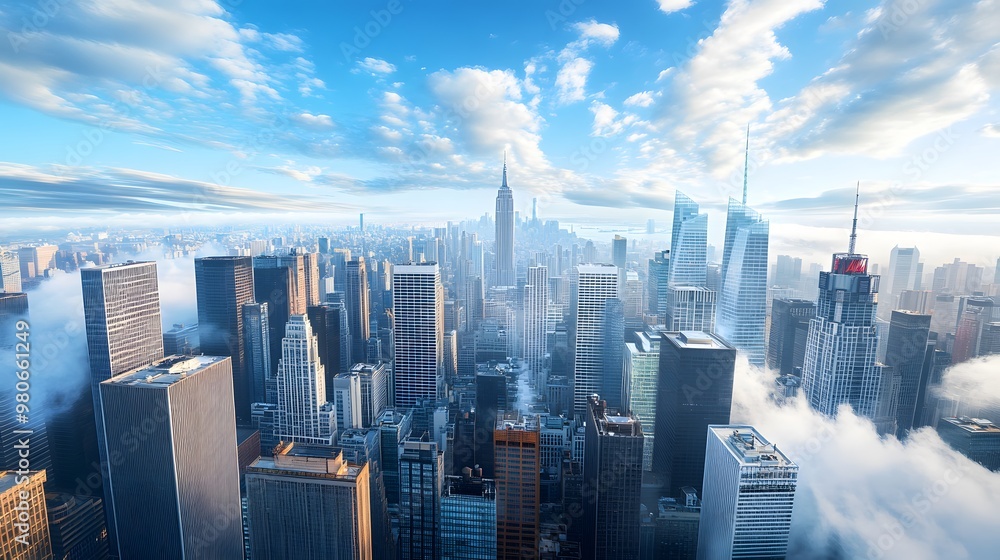 A breathtaking aerial view of a bustling city skyline under a blue sky, with clouds gently enveloping towering buildings. A breathtaking aerial view of a bustling city skyline under a blue sky, with clouds gently enveloping towering buildings.