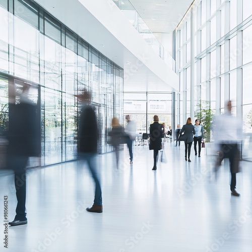 business people walking in the corridor of an business center, pronounced motion blur, crowded bright modern light office movement defocused. office background busy. talking and rushing in the lobby.