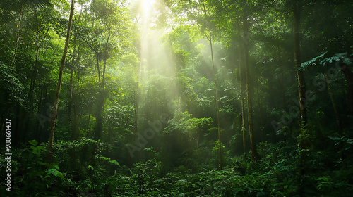 Foresta tropicale illuminata dai raggi del sole all'alba  towering trees photo