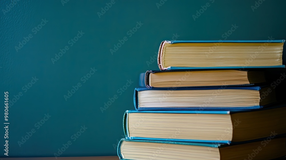 Pile of textbooks on a desk, with a blank area for educational text or branding. Pile of textbooks on a desk, with a blank area for educational text or branding.