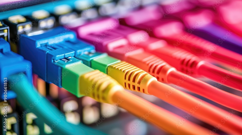 Color-coded Ethernet cables leading into a switch, showcasing the backbone of network infrastructure. Color-coded Ethernet cables leading into a switch, showcasing the backbone of network infrastructure.