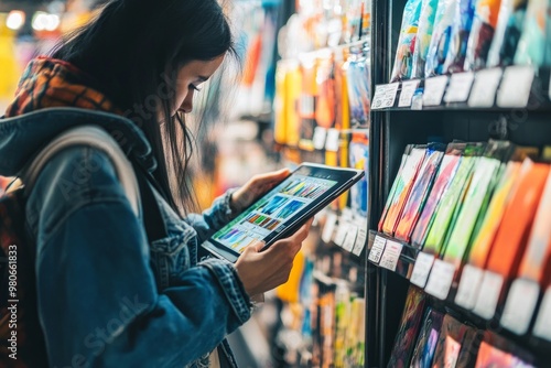 Shopper examining different types of digital drawing tablets in an art supplies shop.