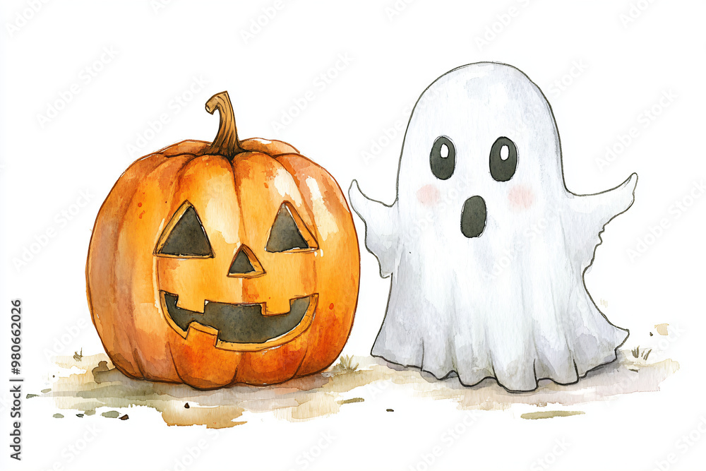 Funny ghost and pumpkin jack o lantern in witch hat on white background. Magic scary spirit. Watercolor Simple spooky monster. Festive holiday concept Funny ghost and pumpkin jack o lantern in witch hat on white background. Magic scary spirit. Watercolor Simple spooky monster. Festive holiday concept