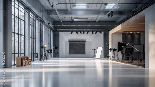 Contemporary photo studio interior with a sleek, open layout showcasing state-of-the-art lighting and high-end photography gear.