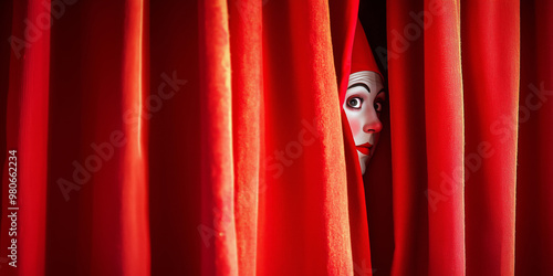 Circus actor in makeup peeks out from behind a red curtain, before a performance, copyspace