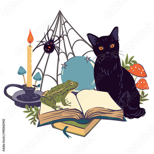 Magic shop decorated for Halloween. Witchcraft attributes, frog, grimoire, magic ball, black cat, spider. Vector illustration in flat style. Occultism and esotericism concept.