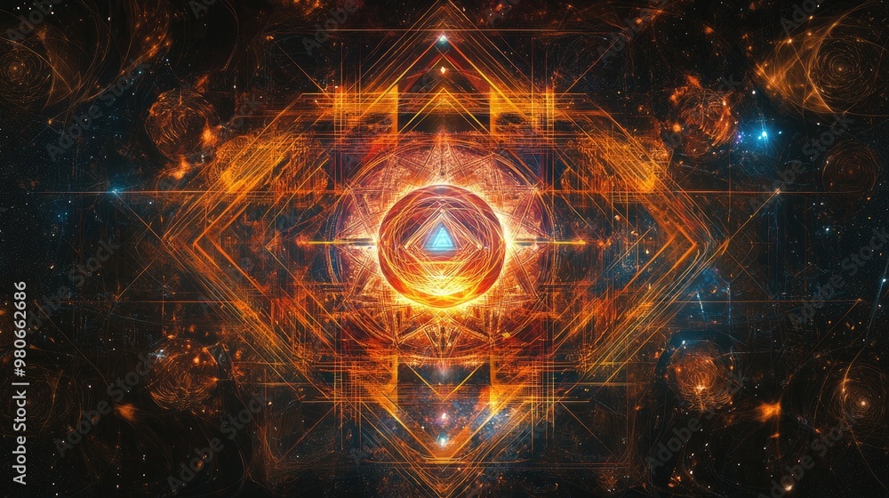 Obraz premium Tech-infused sacred Indian geometry on a digital canvas, with room for messaging on technology beliefs.