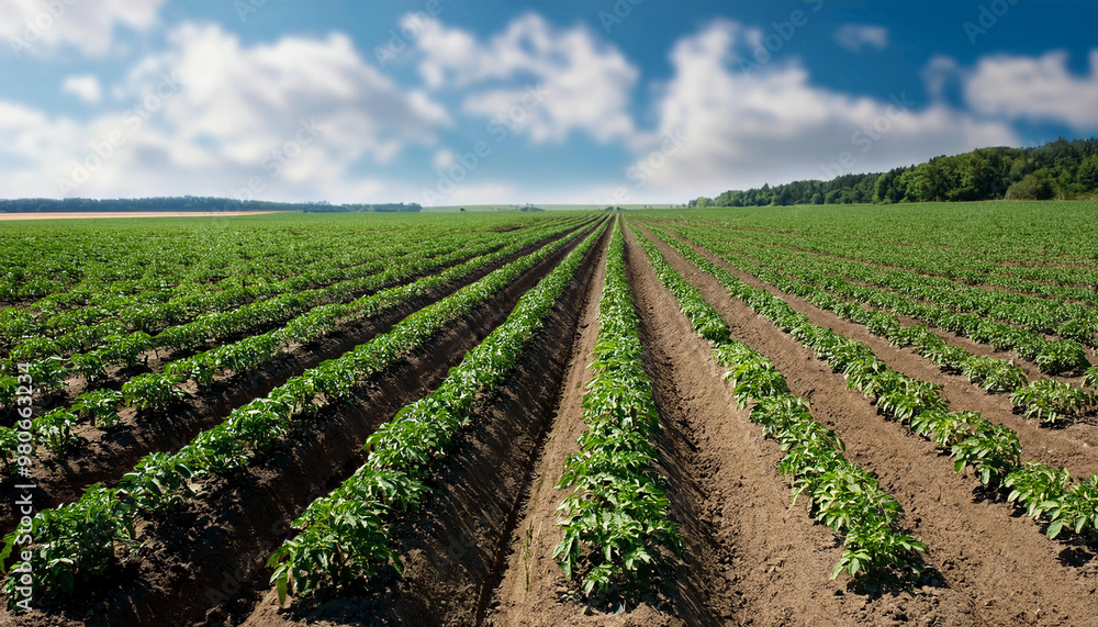 Green field of potato crops in a row Green field of potato crops in a row