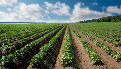 Green field of potato crops in a row