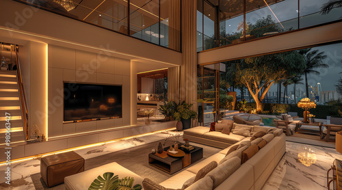 A large living room with high ceilings, double height space, massive TV on the wall, large sofa, floor to ceiling windows overlooking garden at night, warm lighting. Generative AI.