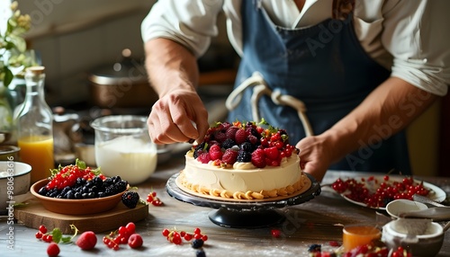 Man decorating a cake with cream and fresh berries in a cozy kitchen, showcasing the art of dessert creation