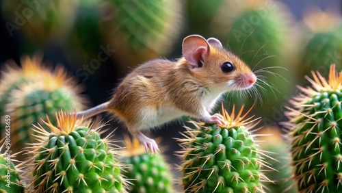 A diminutive brown mouse sat precariously on the spines of a lush green cactus, blending in with the