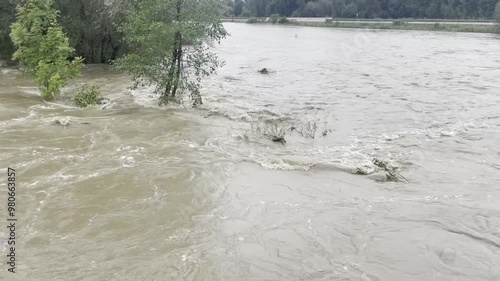 Massive flooding caused by storm Boris. view of the flooded river and flooded meadows in Czech republic, Devastating impact of deadly floods in Europe photo