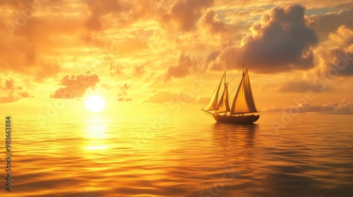 A serene ocean sunset with a lone ship sailing peacefully across the water, surrounded by the golden glow of the setting sun.