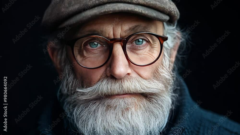Portrait of a old man with long beard wearing a cap and glasses isolated on black Portrait of a old man with long beard wearing a cap and glasses isolated on black