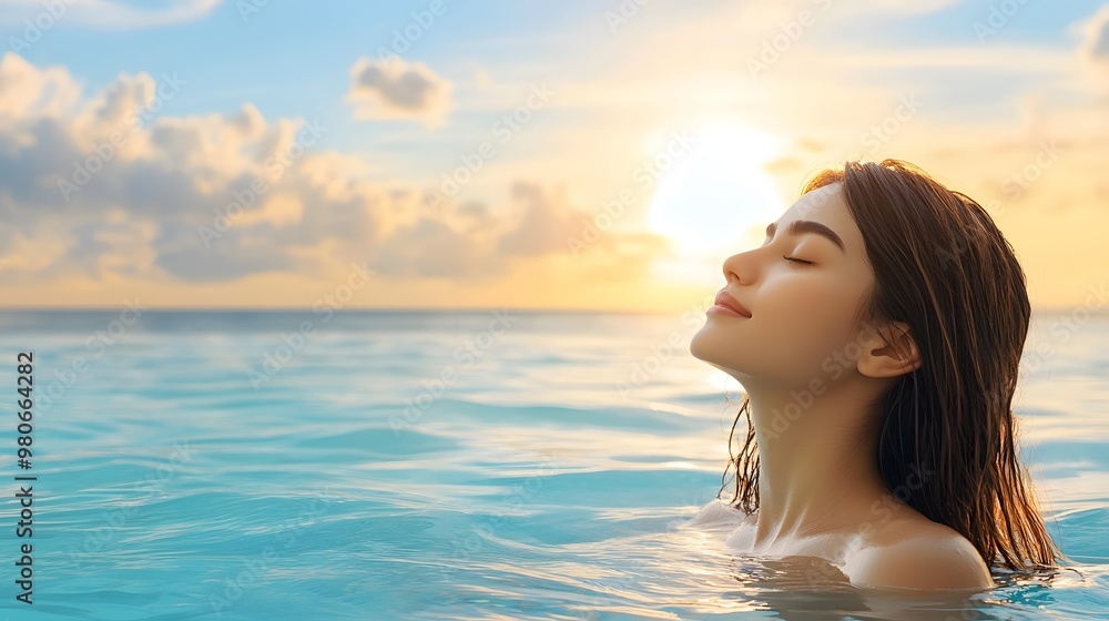 A serene moment of a woman enjoying the calm water at sunset, embracing nature and tranquility in a peaceful setting. A serene moment of a woman enjoying the calm water at sunset, embracing nature and tranquility in a peaceful setting.
