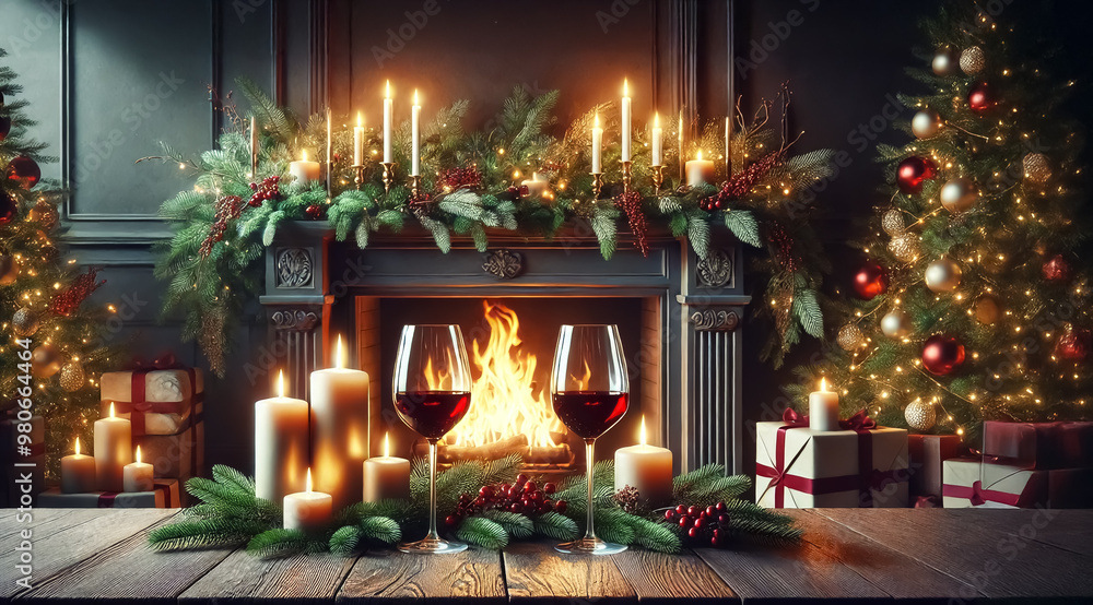 A warm Christmas decoration in front of the fireplace with Christmas decorations and candles featuring red wine glasses A warm Christmas decoration in front of the fireplace with Christmas decorations and candles featuring red wine glasses