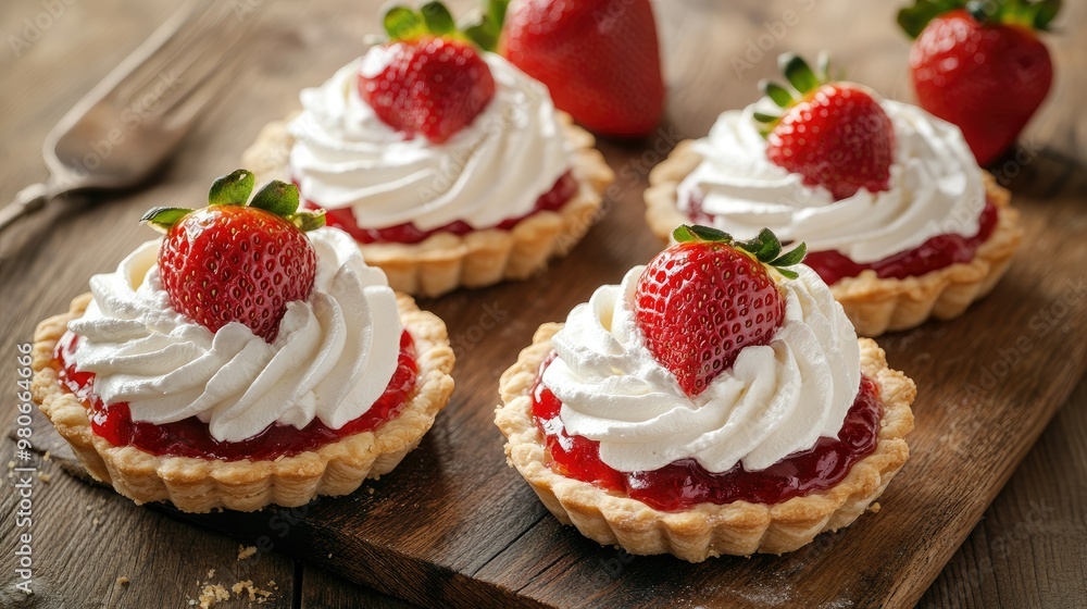 Fresh strawberry shortcake pies on a wooden table, showcasing a natural dessert perfect for a summer celebration. Fresh strawberry shortcake pies on a wooden table, showcasing a natural dessert perfect for a summer celebration.
