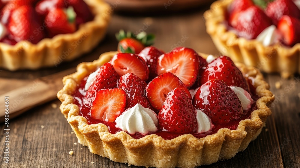 Fresh strawberry shortcake pies on a wooden table, showcasing a natural dessert perfect for a summer celebration. Fresh strawberry shortcake pies on a wooden table, showcasing a natural dessert perfect for a summer celebration.