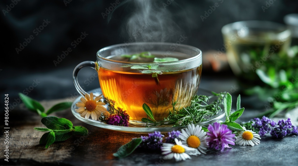 A steaming cup of herbal tea with various fresh herbs and flowers, offering a natural and refreshing tea background. A steaming cup of herbal tea with various fresh herbs and flowers, offering a natural and refreshing tea background.