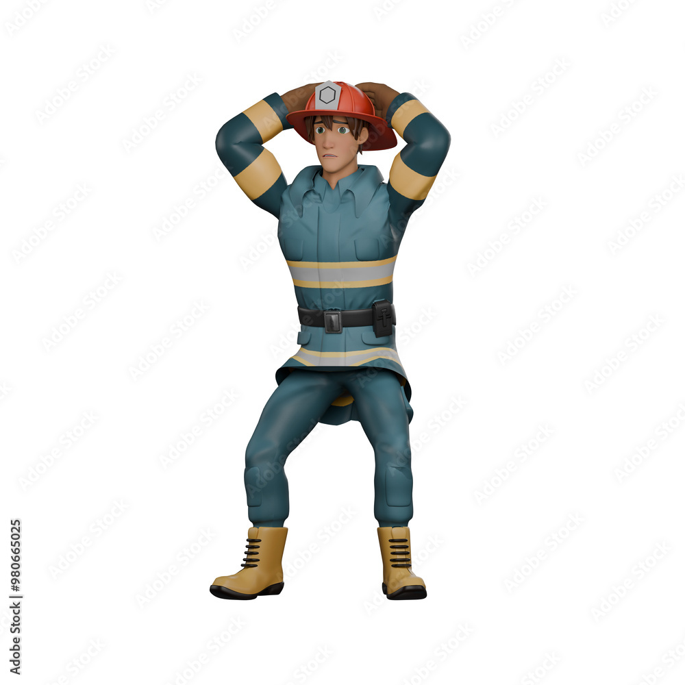 3D Illustration of Professional Male Firefighter. A firefighter stands with his hands above his head as if he is looking worried or worried. Firefighting 3D Illustration of Professional Male Firefighter. A firefighter stands with his hands above his head as if he is looking worried or worried. Firefighting