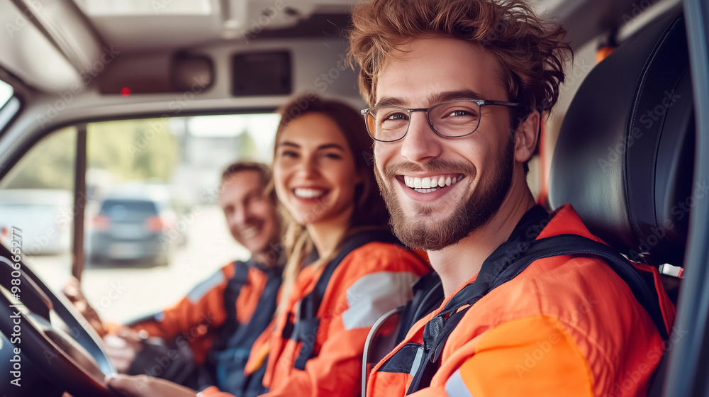 Three cheerful paramedics, including a smiling young white male in the foreground, driving an ambulance, symbolizing teamwork, dedication, and a positive approach to emergency services Three cheerful paramedics, including a smiling young white male in the foreground, driving an ambulance, symbolizing teamwork, dedication, and a positive approach to emergency services