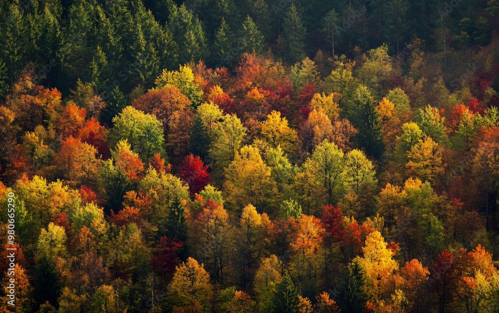 A vibrant display of fall foliage paints the forest with warm hues of red, orange, and yellow. A vibrant display of fall foliage paints the forest with warm hues of red, orange, and yellow.