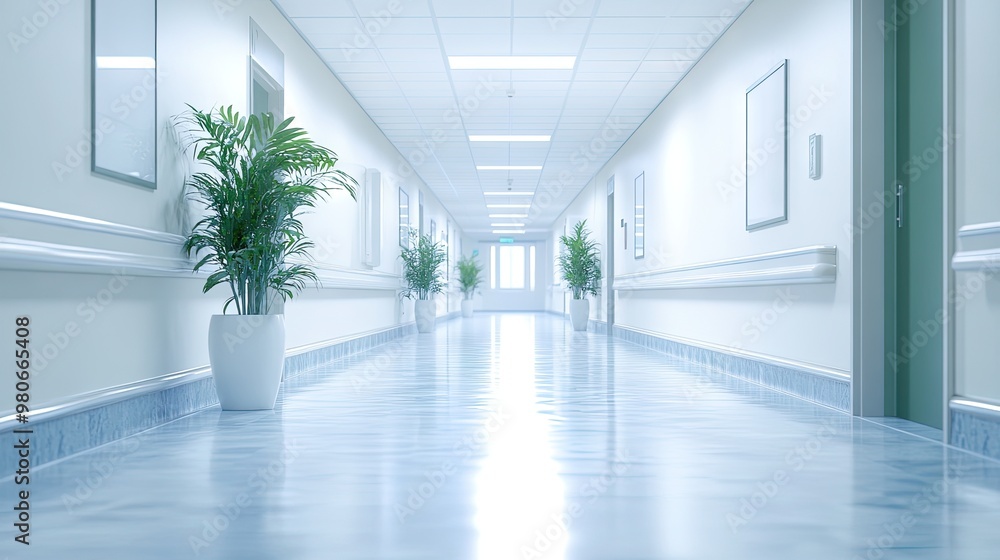 A tranquil hospital hallway, empty and clean, with white walls and spotless floors, conveying a sense of calm and order. A tranquil hospital hallway, empty and clean, with white walls and spotless floors, conveying a sense of calm and order.