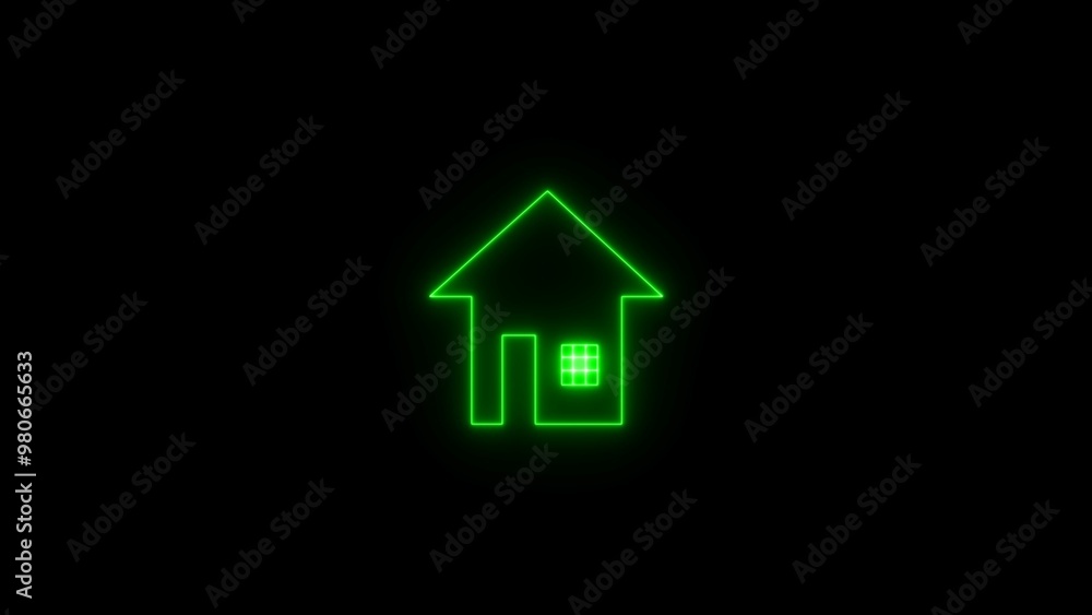 Glowing neon home button. Home location marker symbol. Dynamic abstract neon light blue house icon on black background. Glowing neon home button. Home location marker symbol. Dynamic abstract neon light blue house icon on black background.