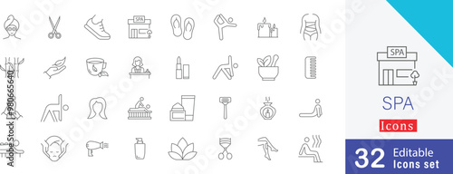 Spa Related thin line icon sign. containing comb, body wrap,  spa center, massaging, foot, essential oils, candles, beauty and more stroke