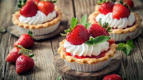 Homemade strawberry shortcake pies displayed on a rustic wooden table, fresh berries and cream ideal for a natural dessert party.